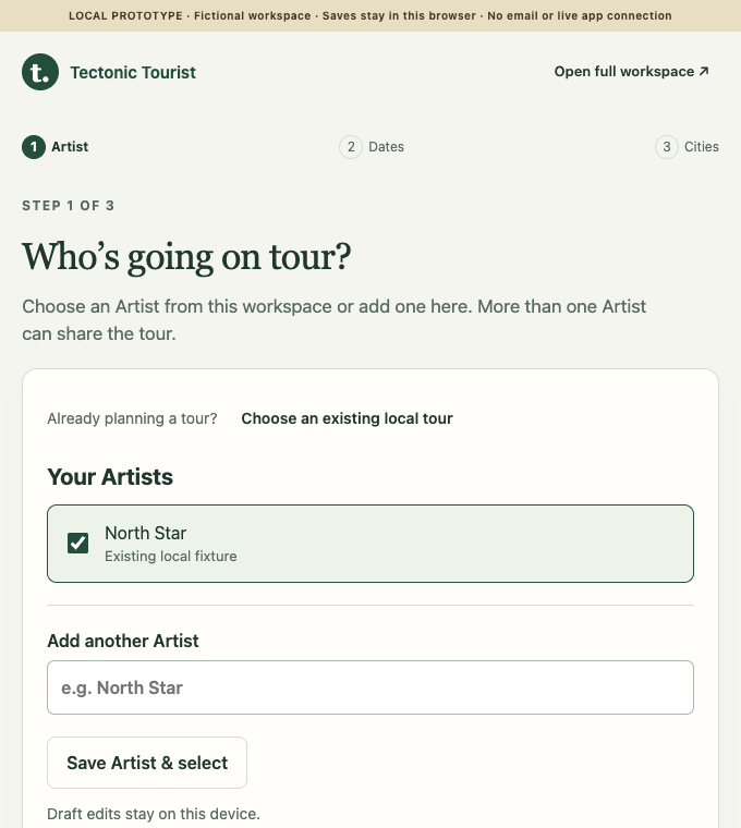 First-tour prototype: choose an Artist, plan dates and cities, select promoters, and personalize a booking-email draft before sending.